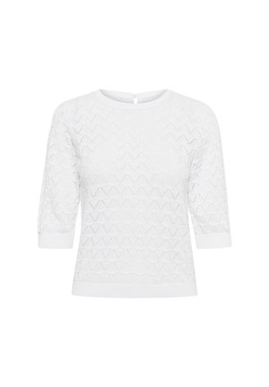 Top bianco lavorato a maglia con maniche a 3/4, caratterizzato da un motivo geometrico. Collo rotondo e dettaglio a goccia sul retro. Tessuto morbido e testurizzato.