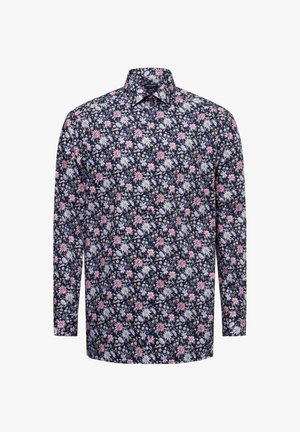 Langärmliges Hemd in Marineblau mit floralem Muster, das rosa und weiße Gänseblümchen zeigt, mit kragenähnlichem Ausschnitt und geknöpften Manschetten. Aus Baumwollstoff.