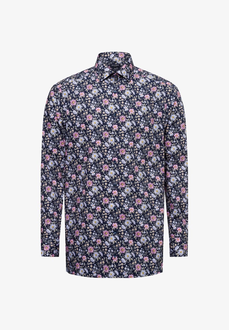 Long-sleeve shirt in navy blue with floral pattern, featuring pink and white daisies, collared neckline, and buttoned cuffs. Cotton fabric.