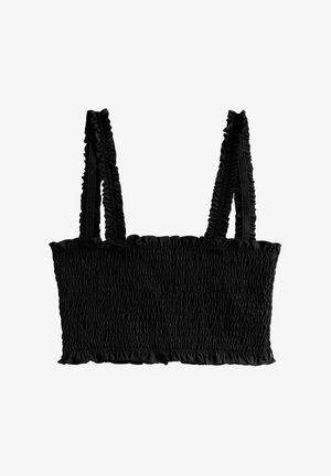 Sort cropped top med smocket tekstur, brede elastiske stropper og en flæset kant. Lavet af blødt stof, designet til et tætsiddende look.