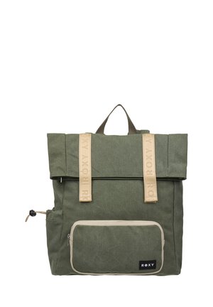 Zielony plecak z płótna z beżowymi paskami, przednią kieszenią na zamek, boczną kieszenią oraz metką marki ROXY na przedniej kieszeni.