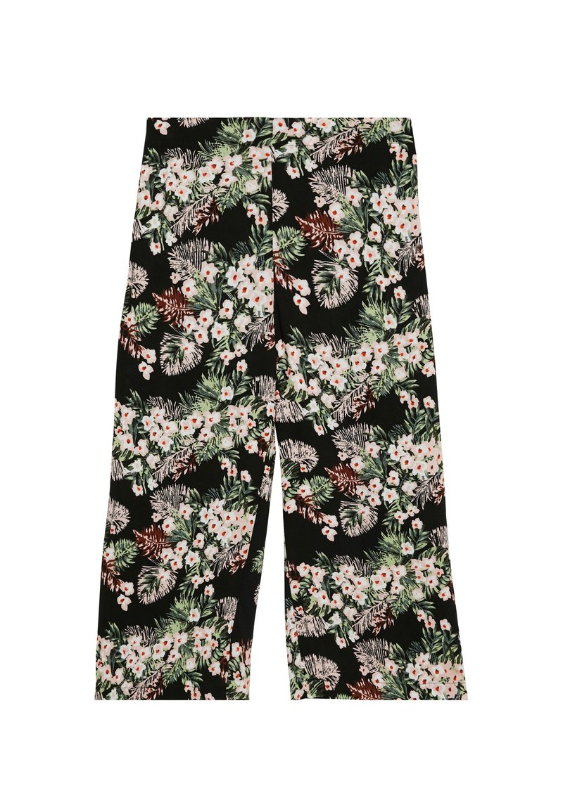 Svarta vida byxor med ett blommönster som har vita och rosa blommor, gröna blad och bruna detaljer. Slät tyg, avslappnad design.