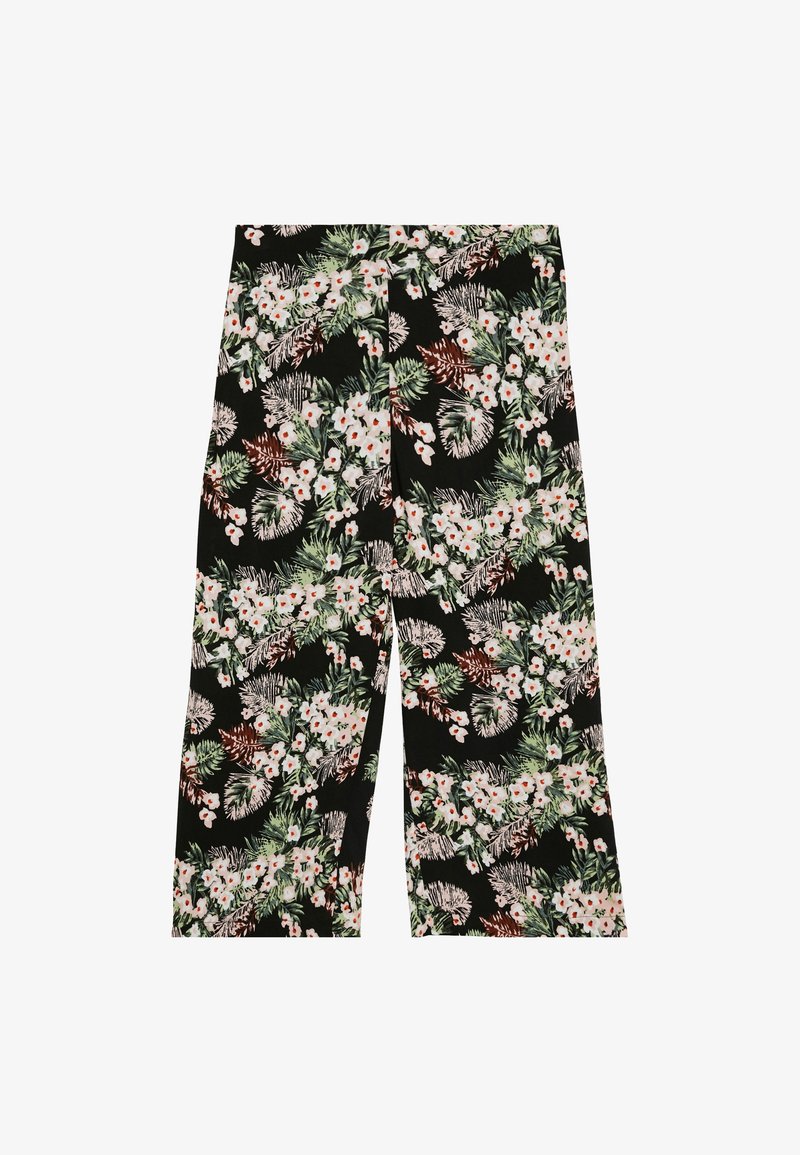Svarta vida byxor med ett blommönster som har vita och rosa blommor, gröna blad och bruna detaljer. Slät tyg, avslappnad design.