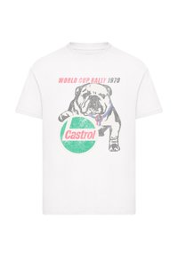 Weißes Baumwoll-T-Shirt mit einem Vintage-Graphic eines Bulldoggen, einem blauen Kragen und einem grünen Castrol-Logo mit dem Text "WELTMEISTERSCHAFT RALLYE 1970".