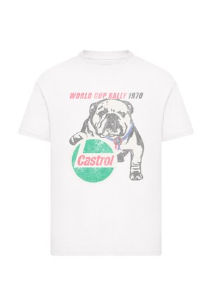 Weißes Baumwoll-T-Shirt mit einem Vintage-Graphic eines Bulldoggen, einem blauen Kragen und einem grünen Castrol-Logo mit dem Text "WELTMEISTERSCHAFT RALLYE 1970".