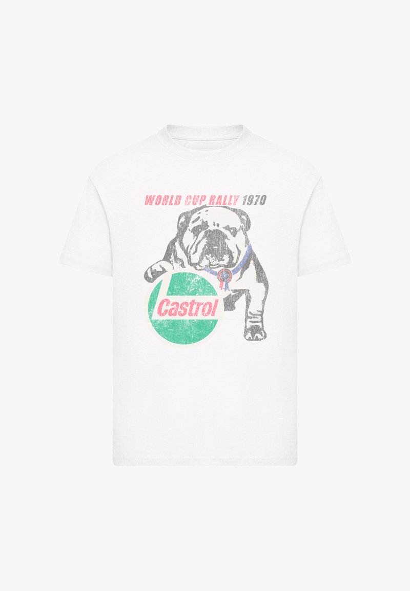 Weißes Baumwoll-T-Shirt mit einem Vintage-Graphic eines Bulldoggen, einem blauen Kragen und einem grünen Castrol-Logo mit dem Text "WELTMEISTERSCHAFT RALLYE 1970".