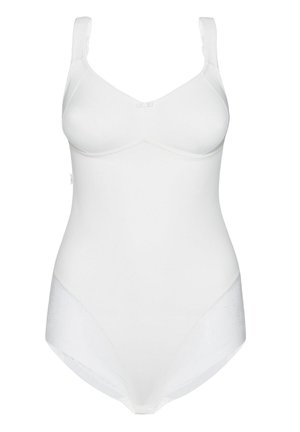 White bodysuit with adjustable straps, seamless front, and textured side panels featuring a subtle pattern. Stretchy and form-fitting design.