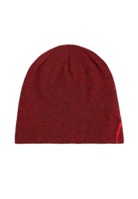 Rode gebreide beanie met ribbeltextuur en een snug fit. Heeft contrasterende zwarte strepen en een klein logoaccent aan de zijkant.
