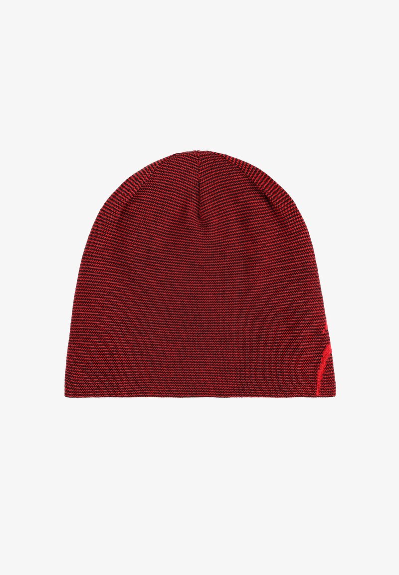 Rode gebreide beanie met ribbeltextuur en een snug fit. Heeft contrasterende zwarte strepen en een klein logoaccent aan de zijkant.