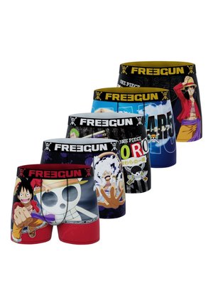 Cinq paires de boxers colorés présentant des personnages et logos de l'anime One Piece, disposées en ligne diagonale avec des ceintures de taille de marque.