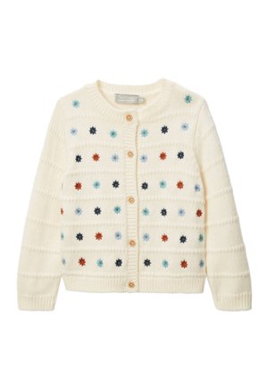 Cardigan en maille crème avec des fleurs brodées multicolores en rangées horizontales, boutons en bois, col, poignets et ourlet côtelés.