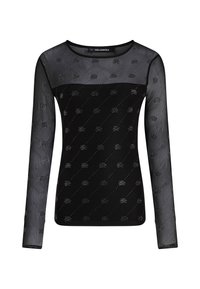 Schwarzes Langarmoberteil mit einem durchsichtigen Mesh-Oberteil, das ein strukturiertes Muster und subtile glitzernde Akzente aufweist. Rundhalsausschnitt, taillierte Passform.