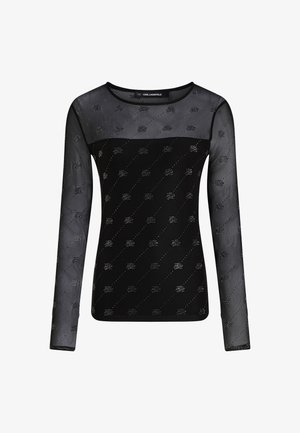 Czarny top z długim rękawem, z przezroczystą górą z siateczki, z teksturowanym wzorem i subtelnymi, błyszczącymi akcentami. Okrągły dekolt, dopasowany krój.