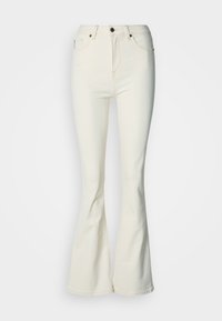 Λευκό τζιν με καμπάνα από τζιν ύφασμα, με κούμπωμα με κουμπί, πέντε τσέπες και ομαλή υφή. Το σχέδιο περιλαμβάνει ελαφριά ελαστικότητα.