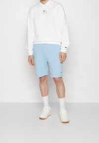 Pantaloni corti in cotone azzurro chiaro con vita elastica e un piccolo logo verde. Abbinati a una felpa bianca e a sneakers bianche con suole in gomma.