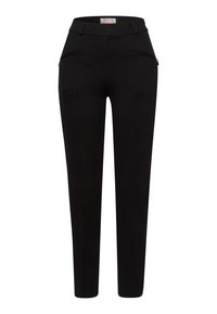 Pantalons noirs sur mesure en tissu lisse, avec une taille haute, des poches zippées sur les côtés et une coupe droite.