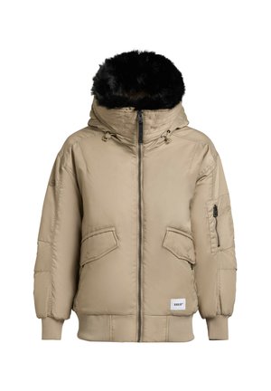 Beige pufferjakke med høj krave, faux fur-hette, lynlåslukning og flere lommer. Har ribbede cuffs og kant.