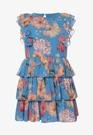 Floralliches, blaues Kleid mit Rüschensäumen, gestuftem Design und lebhaften orangen und pinken Blumen. Hergestellt aus leichtem Stoff, verfügt über einen Knopfverschluss.