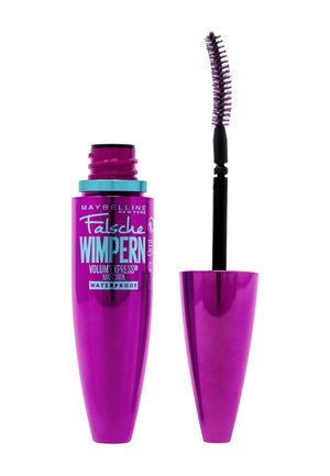 Maybelline Volum' Express waterdichte mascara in een glanzende paarse tube met gebogen borstelapplicator, tekst in turquoise en wit.