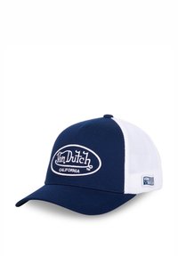Gorra azul marino con parte trasera de malla blanca, con un parche frontal con el logo "Von Dutch California" en blanco. Visera curva y correa ajustable.