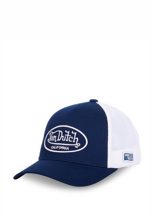 Casquette bleu marine avec un dos en maille blanche, comportant un patch frontal avec le logo "Von Dutch California" en blanc. Visière incurvée et sangle réglable.