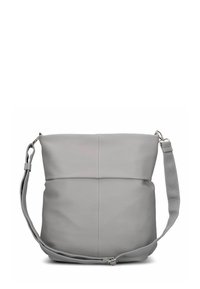 Bolso bandolera de cuero gris con una textura suave, con base plana y correa ajustable, y un diseño minimalista con una sola costura.
