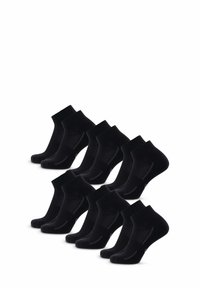 Calcetines de tobillo de mezcla de algodón negra dispuestos en una fila, con puños acanalados y una textura suave, diseñados para comodidad y durabilidad.
