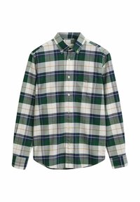 Camisa de cuadros verde y blanca de botones con cuello, que presenta acentos en color marino, gris y naranja. Incluye un bolsillo en el lado izquierdo del pecho.