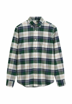 Camisa de cuadros verde y blanca de botones con cuello, que presenta acentos en color marino, gris y naranja. Incluye un bolsillo en el lado izquierdo del pecho.