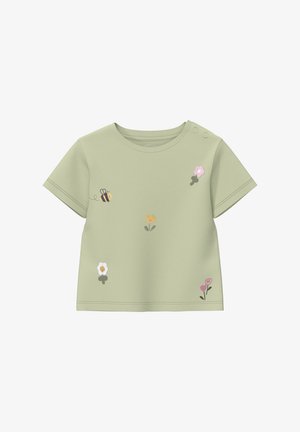 Hellgrünes Kleinkinderhemd mit kurzen Ärmeln, verziert mit kleinen gestickten Blumen und einer Biene, mit zwei Druckknöpfen an der Schulter.
