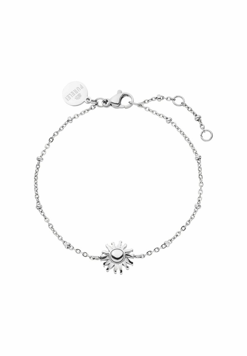 Zilveren armband met een zonvormige hanger met een ronde center, verbonden door een delicate ketting en beveiligd met een kreeftsluiting.
