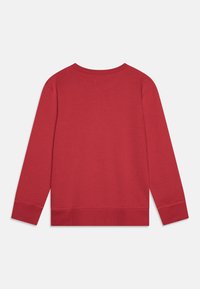 Sudadera roja de manga larga con cuello redondo, puños y dobladillo acanalados. Fabricada en una tela suave con una textura lisa. Sin patrones ni acentos visibles.
