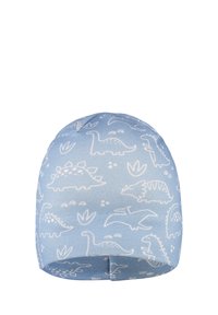 Light blue beanie featuring white dinosaur patterns with various shapes and sizes. Soft, stretchy fabric provides a snug fit.