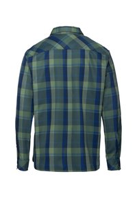 Camisa de manga larga a cuadros verde y azul, con un cuello clásico, puños con botón y una textura suave. La vista trasera muestra el patrón a cuadros.