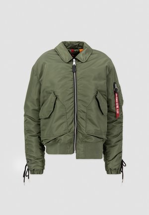 Olive green bomber jacket with a zip front, two front pockets, elastic cuffs, and a ribbon detail on the left sleeve.