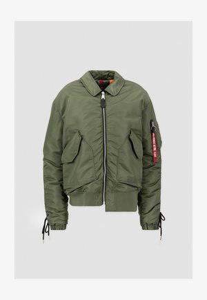 Olive green bomber jacket with a zip front, two front pockets, elastic cuffs, and a ribbon detail on the left sleeve.