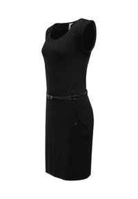 Ärmelloses, knieumspielendes schwarzes Kleid mit U-Boot-Ausschnitt, dünnem schwarzen Gürtel in der Taille und kleinem, mit Knopf verschlossenem Taschen auf der rechten Seite.