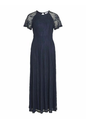 Navy blue lace-maksimekko, jossa on lyhyet, läpikuultavat hihat, kukkakuviot, pyöreä pääntie ja A-linjainen siluetti. Mukana avainreikätakana.
