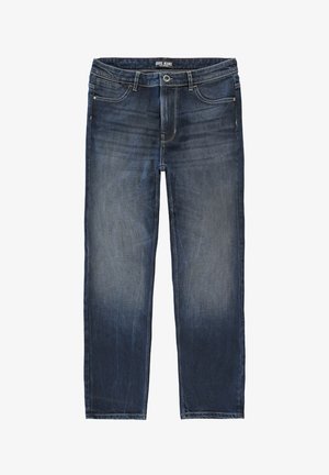 Donkerblauwe denim jeans met een rechte pijp, voorzien van vervaagde delen en een traditionele vijf-pocket uitvoering. Metalen knoop en ritsluiting.