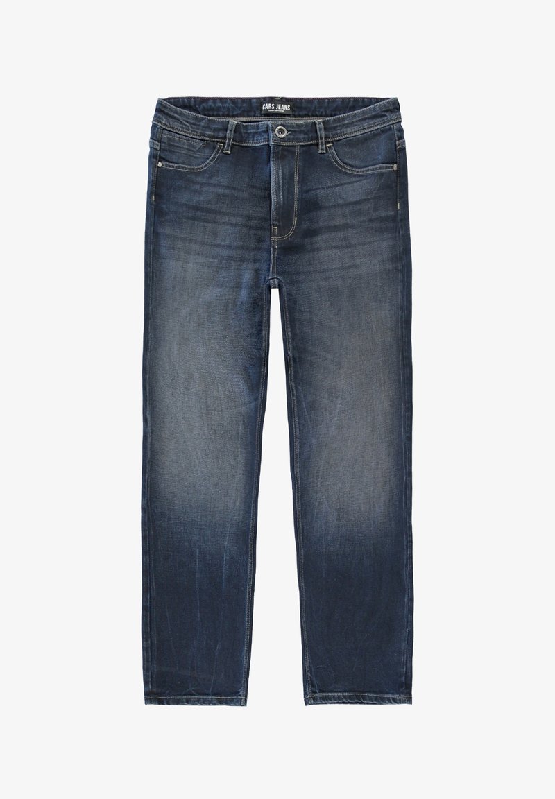 Donkerblauwe denim jeans met een rechte pijp, voorzien van vervaagde delen en een traditionele vijf-pocket uitvoering. Metalen knoop en ritsluiting.