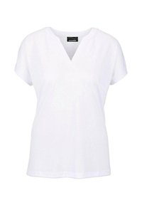 T-shirt bianco a maniche corte con scollatura a V, realizzato in leggero tessuto di cotone. Presenta una vestibilità rilassata e un design semplice.