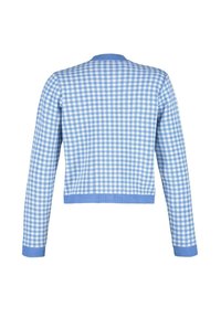 Pull en maille à manches longues avec motif à carreaux bleu et blanc, poignets et ourlet côtelés, vu de dos.