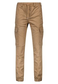 Beige cargo-housut, joissa on joustava vyötärö, naru, sivutaskut ja kapenevat hihnat. Valmistettu kevyestä, kestävästä kankaasta.