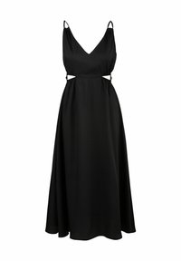 Schwarzes ärmelloses Kleid mit V-Ausschnitt und Cut-out-Details an der Taille. Aus glattem Stoff gefertigt, mit verstellbaren Trägern und einem fließenden Rock.