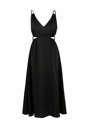 Robe noire sans manches avec un décolleté en V et des découpes à la taille. Fabriquée en tissu lisse, elle possède des bretelles réglables et une jupe fluide.