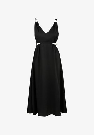 Schwarzes ärmelloses Kleid mit V-Ausschnitt und Cut-out-Details an der Taille. Aus glattem Stoff gefertigt, mit verstellbaren Trägern und einem fließenden Rock.