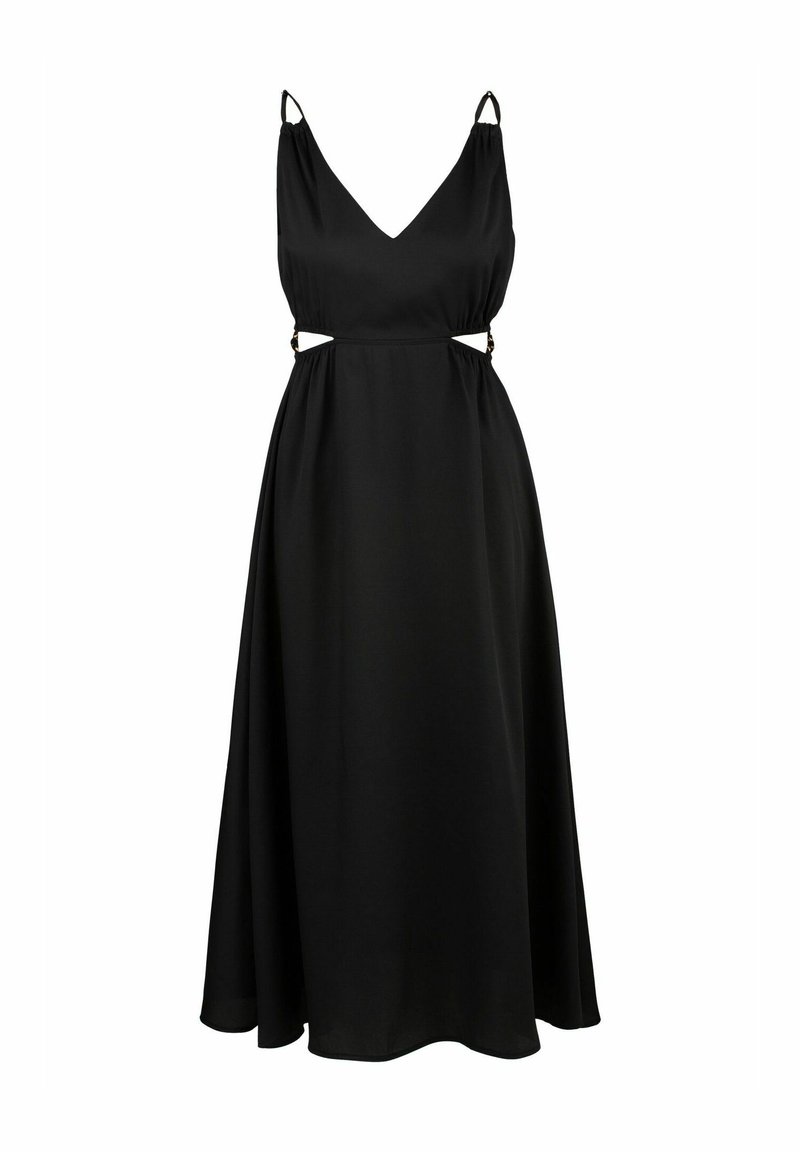 Schwarzes ärmelloses Kleid mit V-Ausschnitt und Cut-out-Details an der Taille. Aus glattem Stoff gefertigt, mit verstellbaren Trägern und einem fließenden Rock.