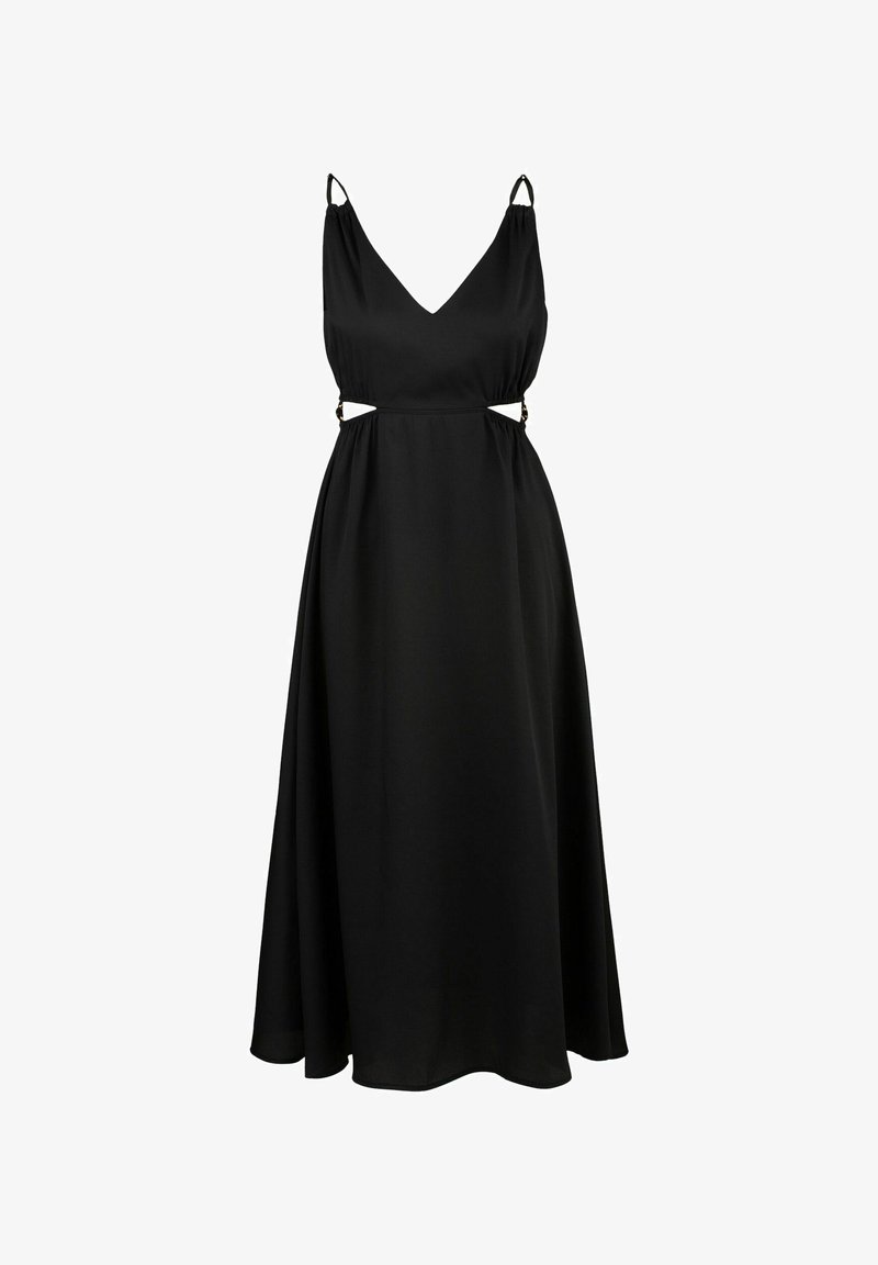 Robe noire sans manches avec un décolleté en V et des découpes à la taille. Fabriquée en tissu lisse, elle possède des bretelles réglables et une jupe fluide.