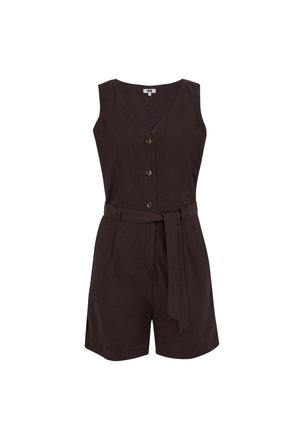 Ujjatlan sötétbarna overál V-nyakkivágással, három elől gombbal és derékban megkötött anyagövvel, rövidnadrág aljjal.
