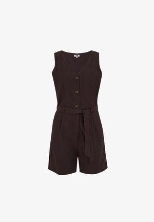 Ujjatlan sötétbarna overál V-nyakkivágással, három elől gombbal és derékban megkötött anyagövvel, rövidnadrág aljjal.